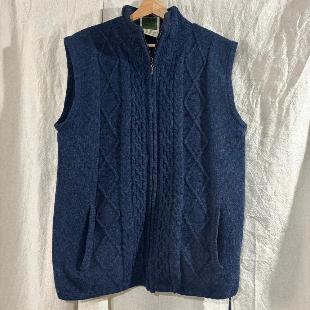 Aran Woollen Mills Mens Navy Blue Pure New Wool Cable Knit Full Zip Vest Lined
